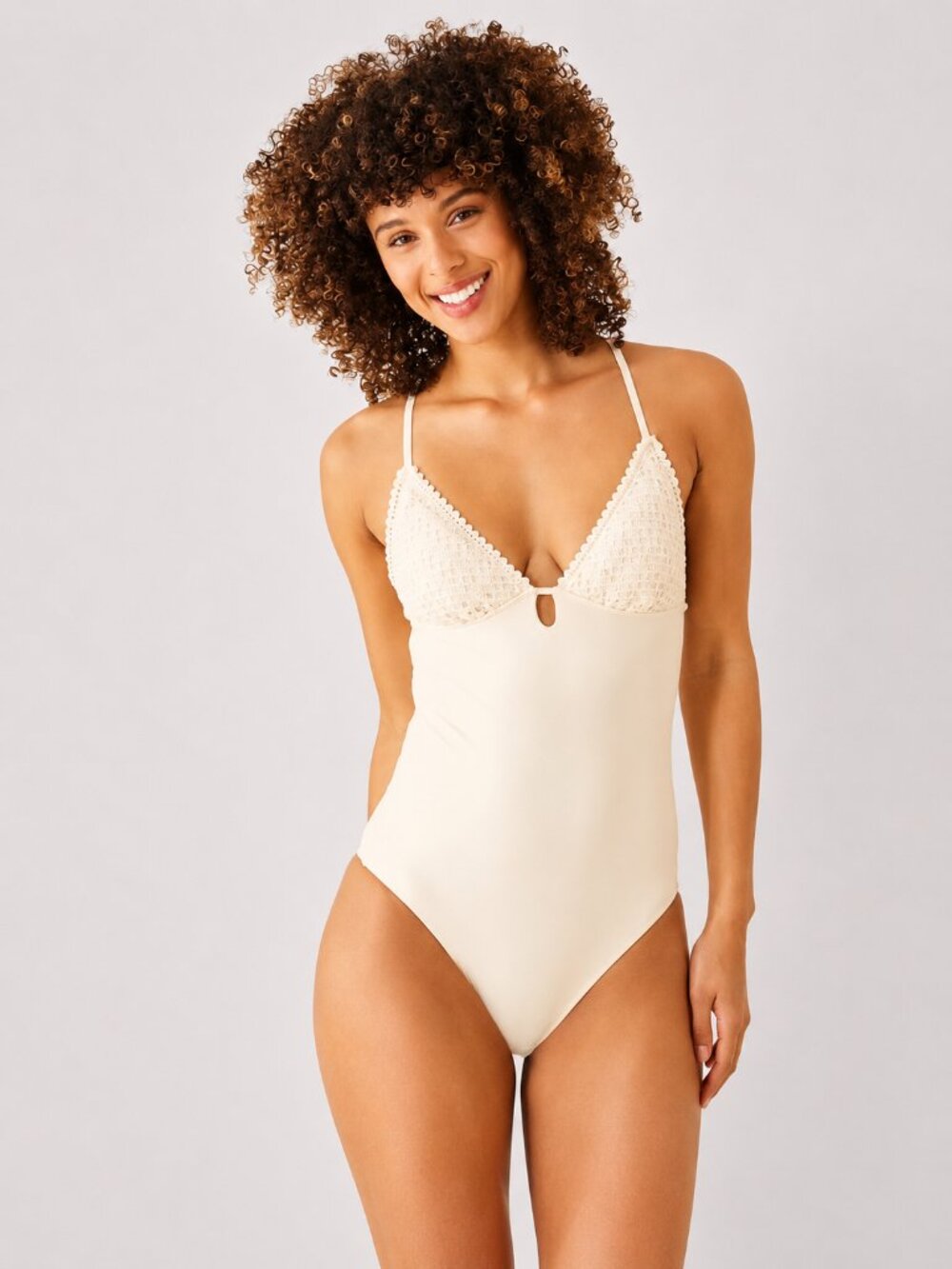 Shade & Shore Knit High Leg Cheeky One Piece Swimsuit Off White L NWT